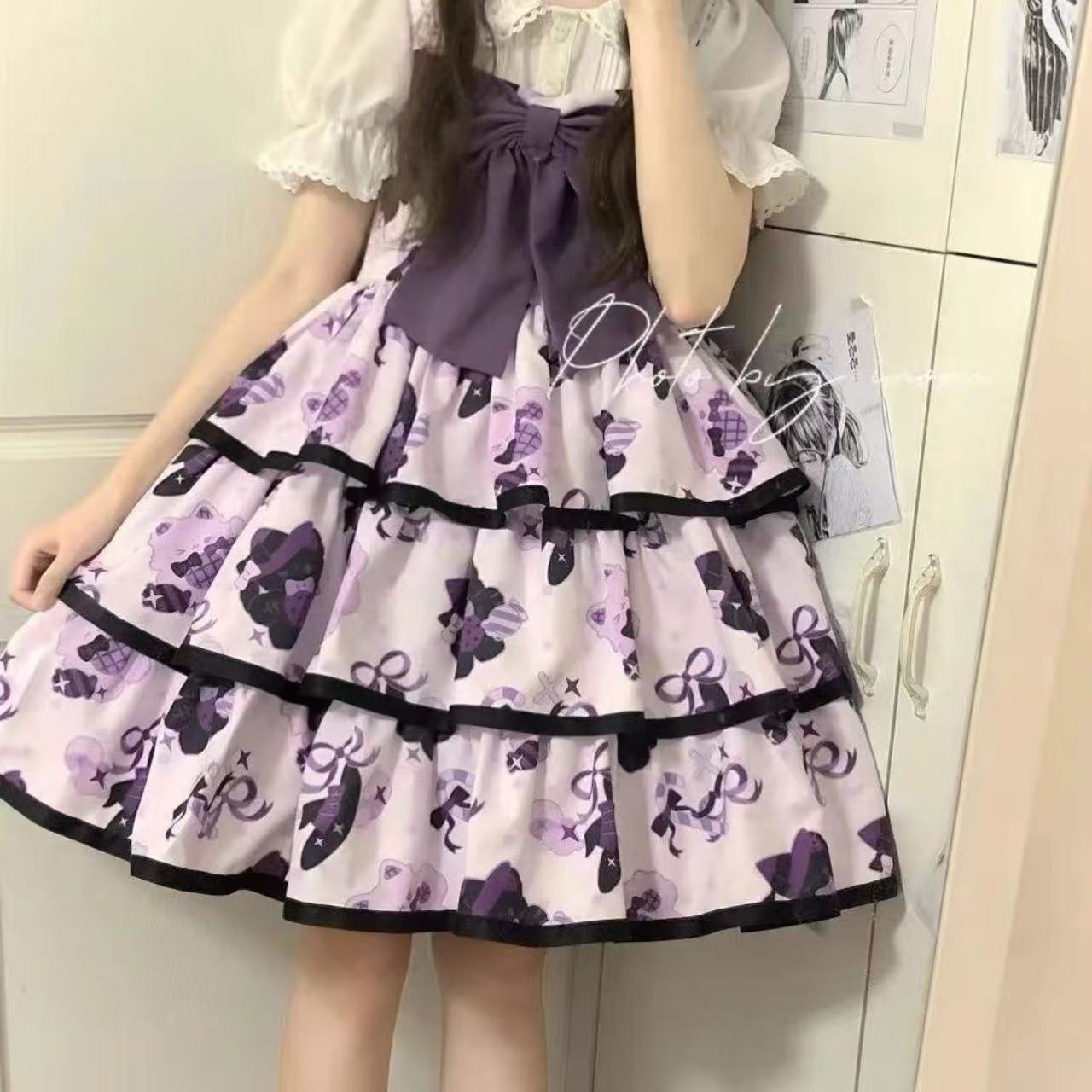 甘ロリータ 人形襟シャツ&ペンギン猫プリントサスペンダースカート