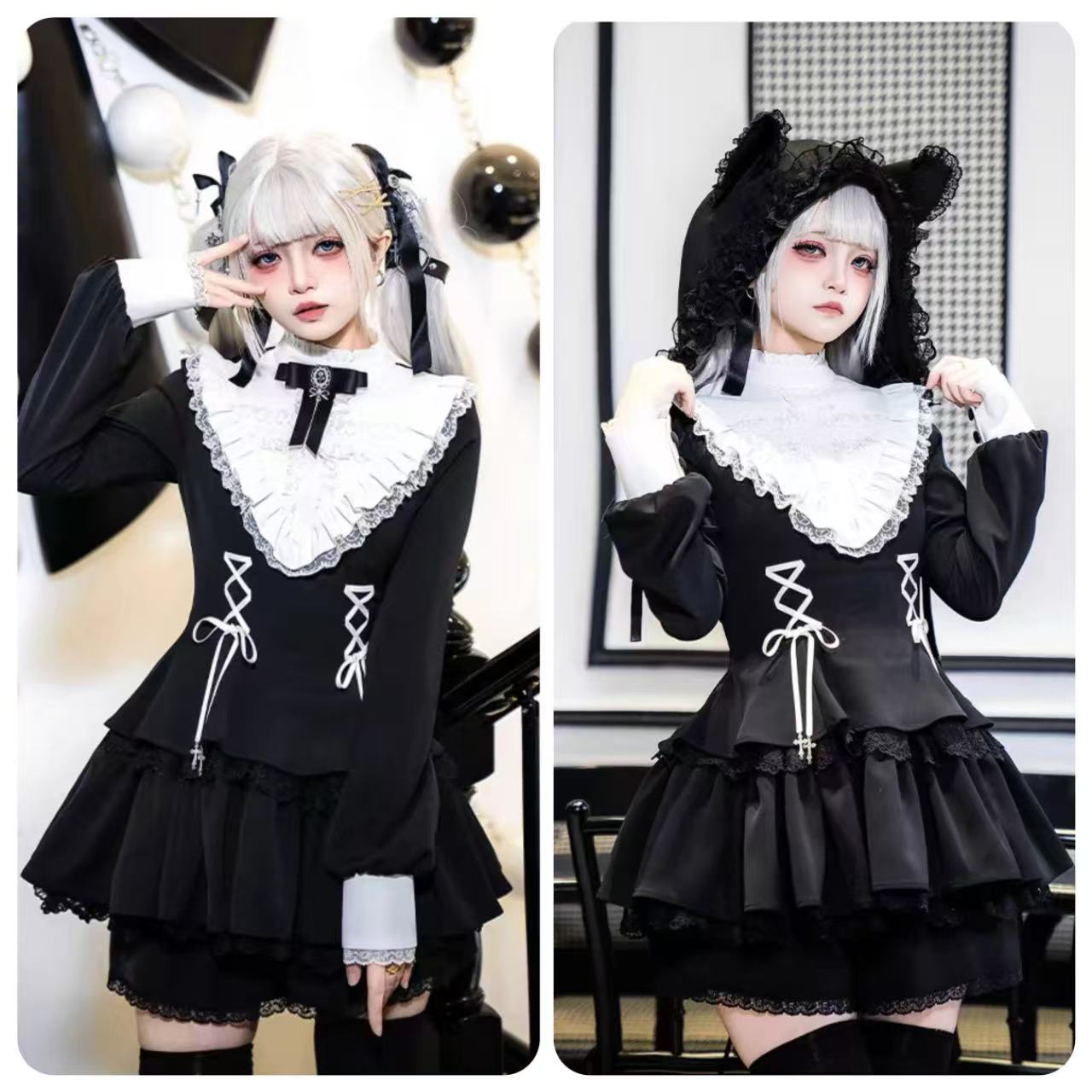 ゴスロリ ダークガール・ロータスリーフ長袖ドレス&ショーツセット