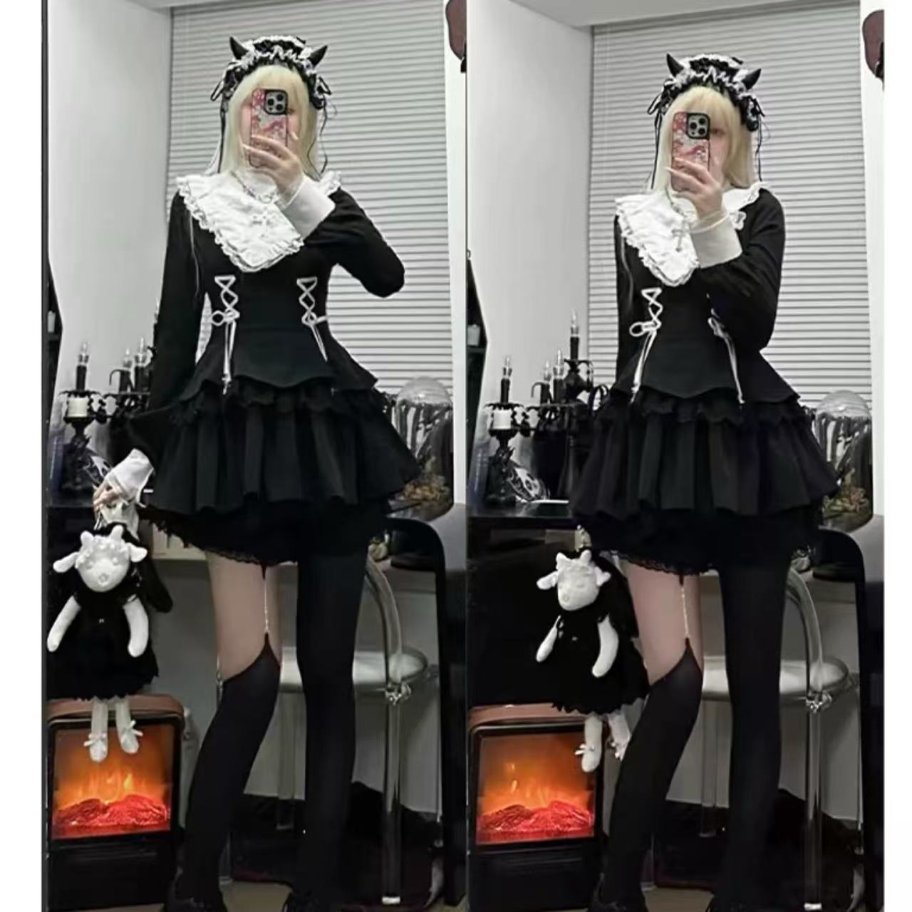 ゴスロリ ダークガール・ロータスリーフ長袖ドレス&ショーツセット