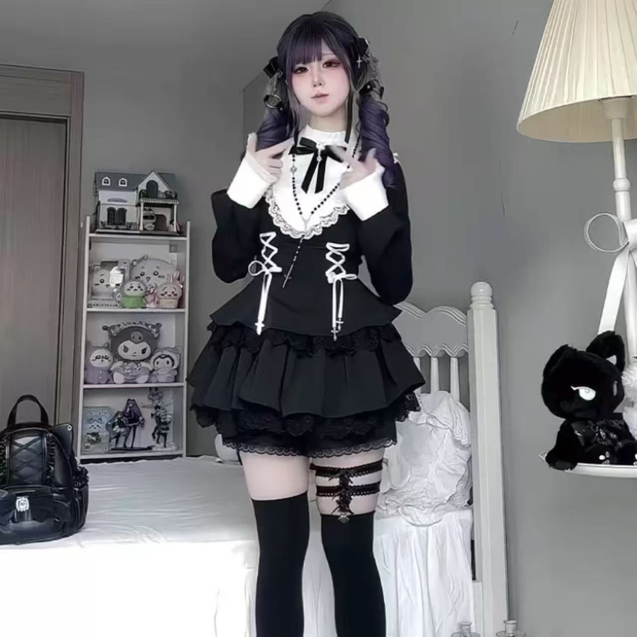 ゴスロリ ダークガール・ロータスリーフ長袖ドレス&ショーツセット