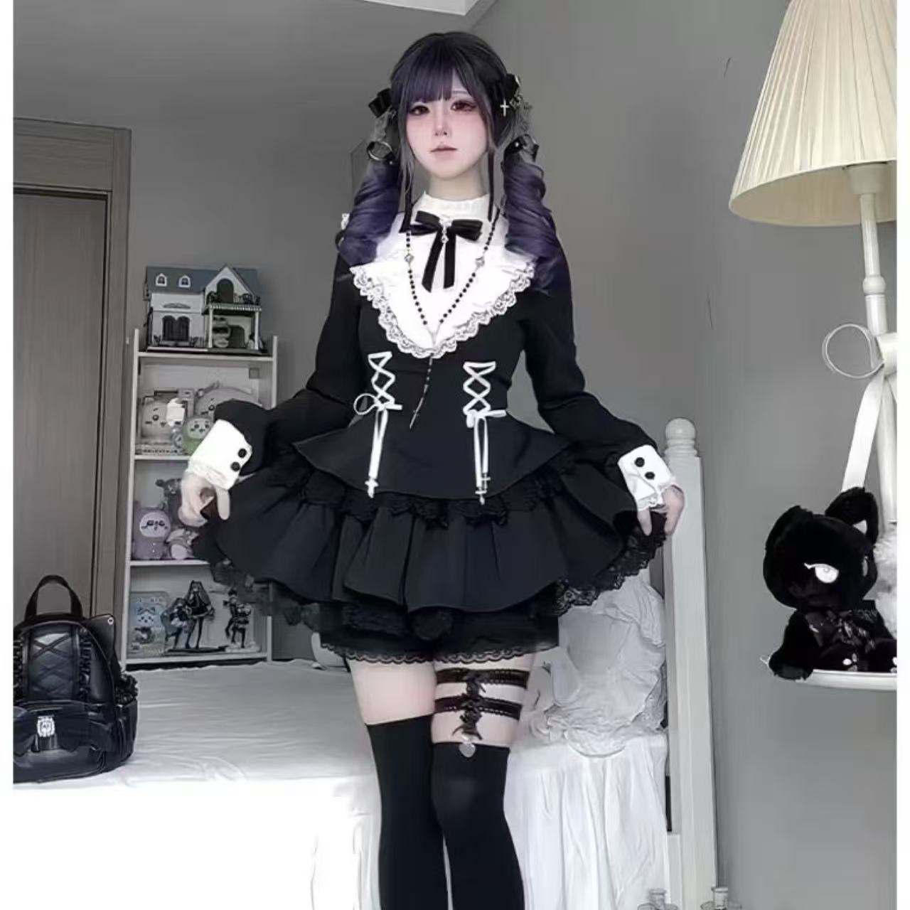 ゴスロリ ダークガール・ロータスリーフ長袖ドレス&ショーツセット