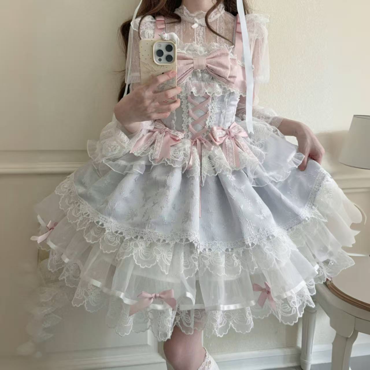 【ロリータドレス】ホワイトシュガーガールオリジナルデザイン バレエスタイルjskサスペンダードレス 夏