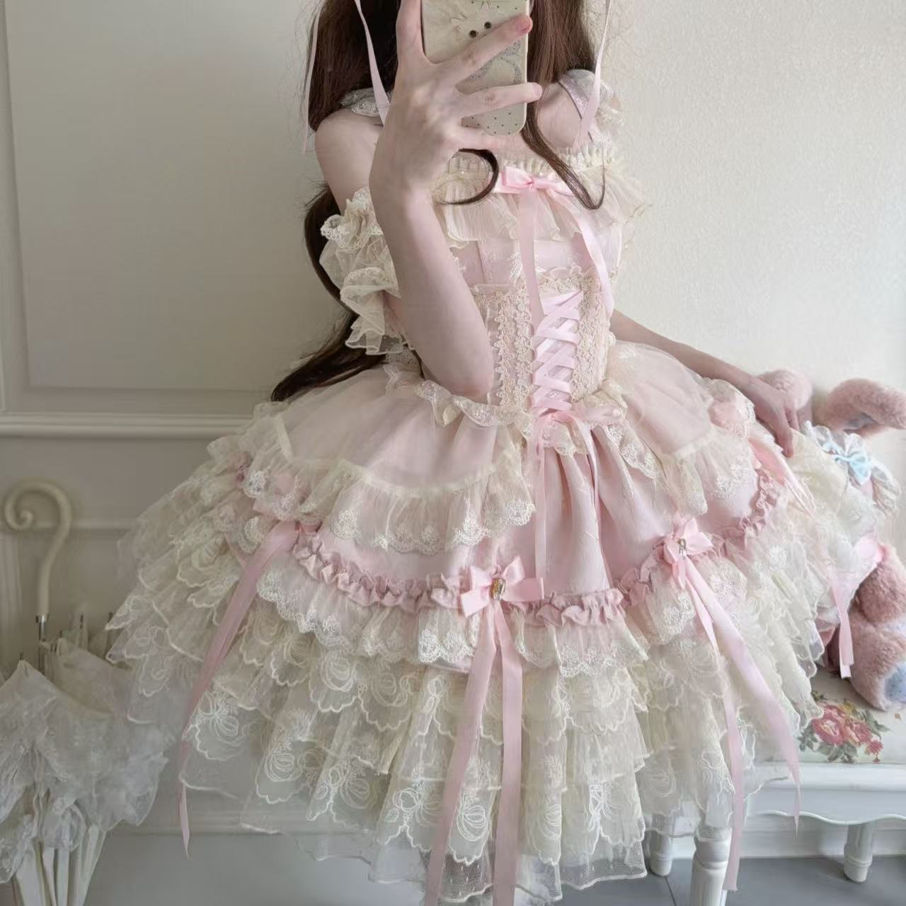 甘ロリータ リボンハートラブ・バレエスタイルサスペンダードレス