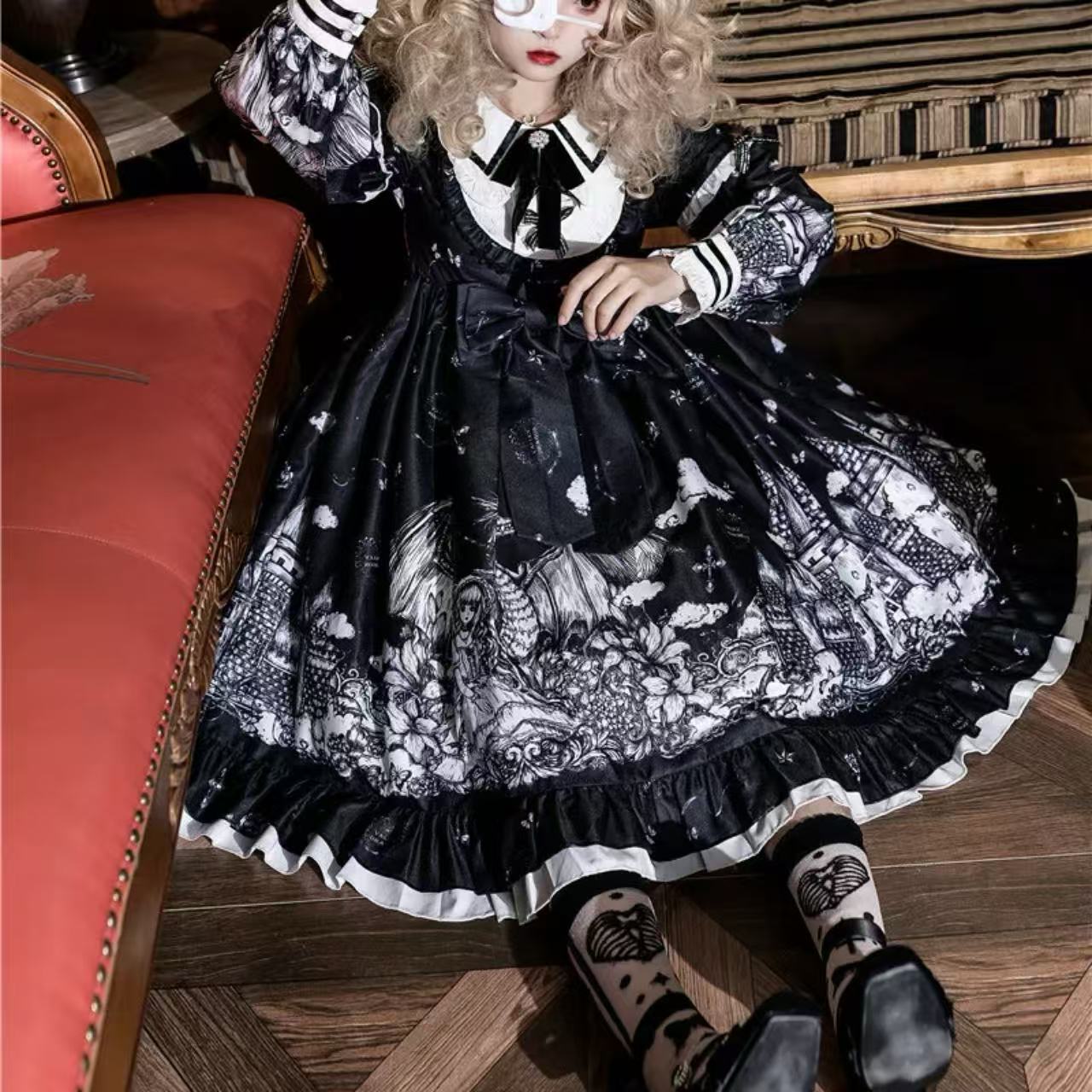 シュガーガール ゴシックスタイル ロリータ キャッスルナイト 長袖OP ビッグスカートドレス 秋 【ロリータ】