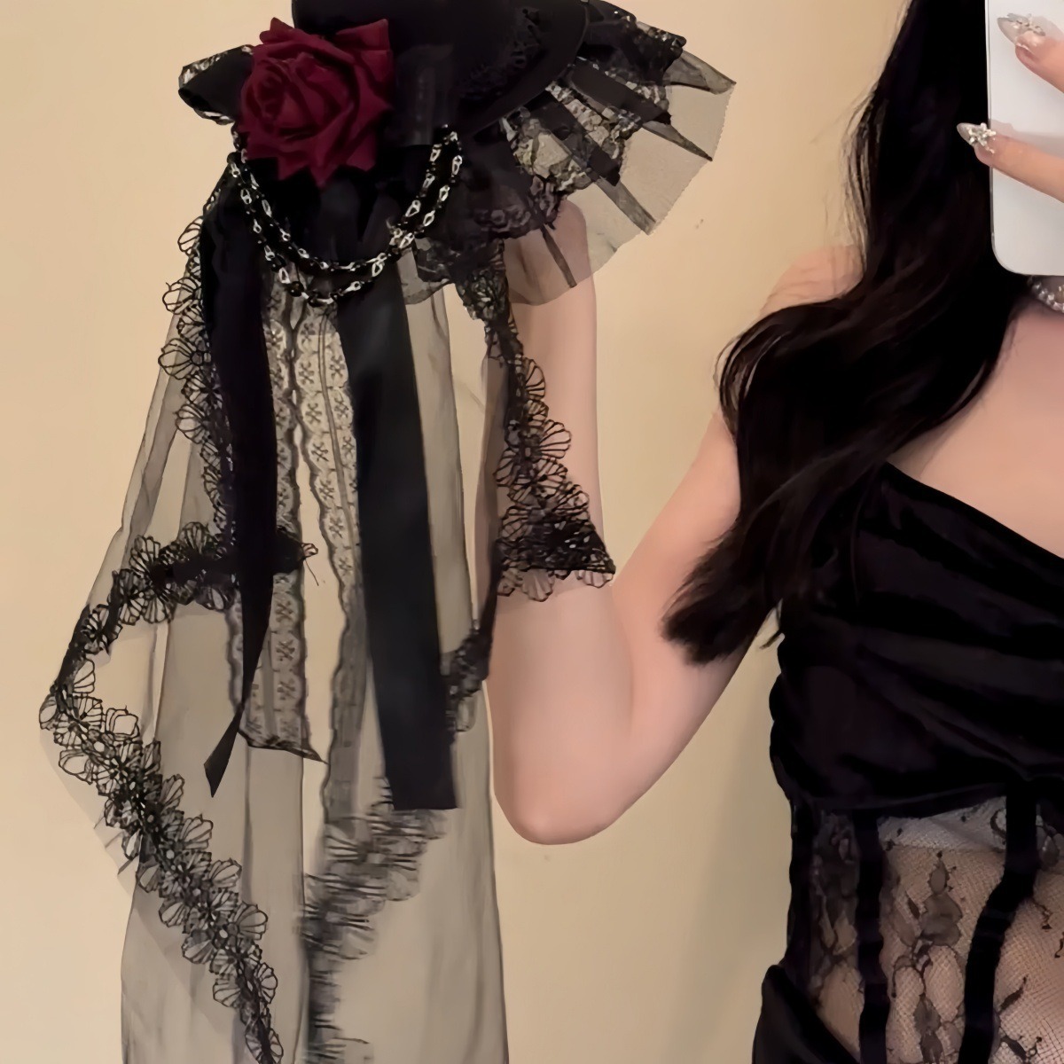 真紅の薔薇と漆黒ヴェールのゴシックミニハット