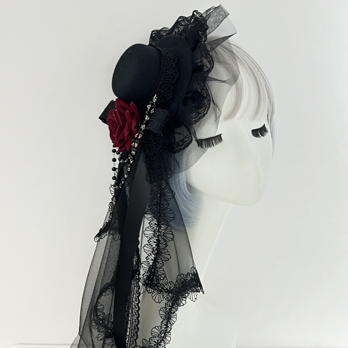 真紅の薔薇と漆黒ヴェールのゴシックミニハット