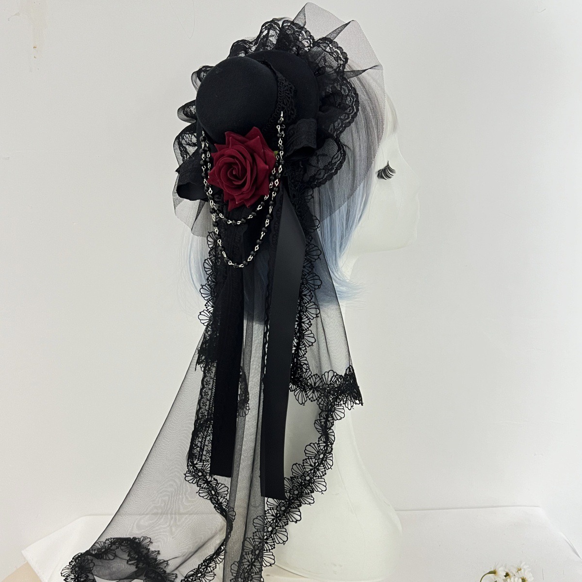 真紅の薔薇と漆黒ヴェールのゴシックミニハット