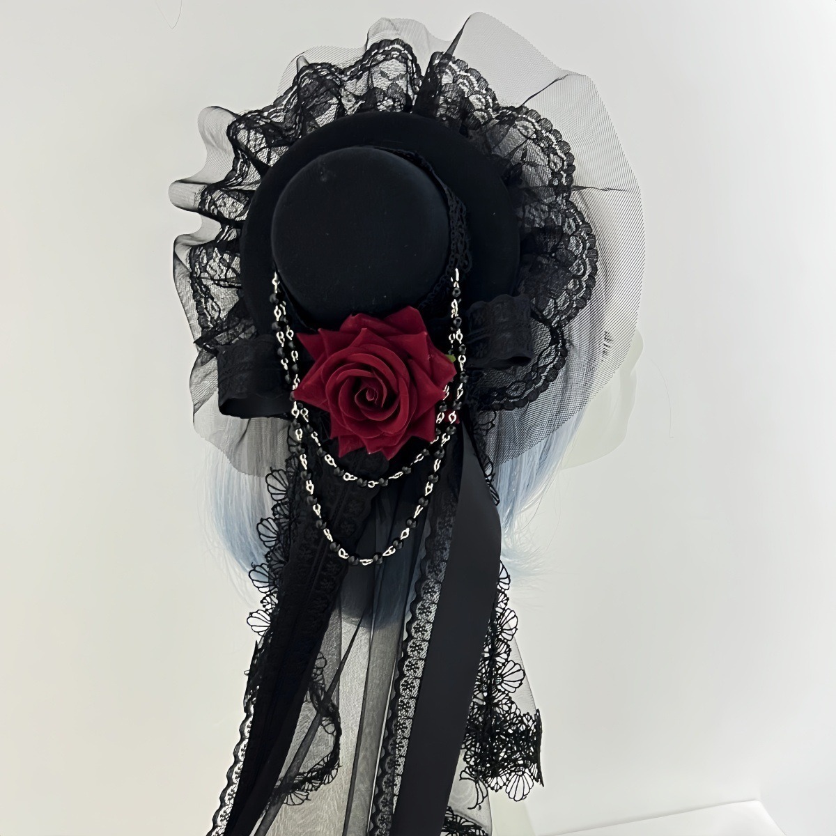 真紅の薔薇と漆黒ヴェールのゴシックミニハット