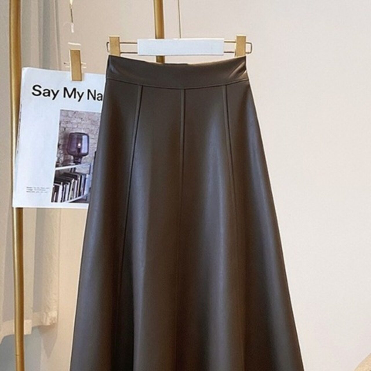 骨格ウェーブ PUレザーAラインロングスカート