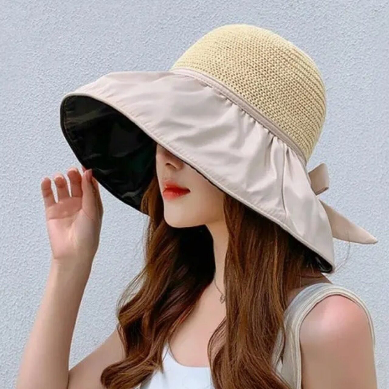 骨格ウェーブ UVカットつば広ハット