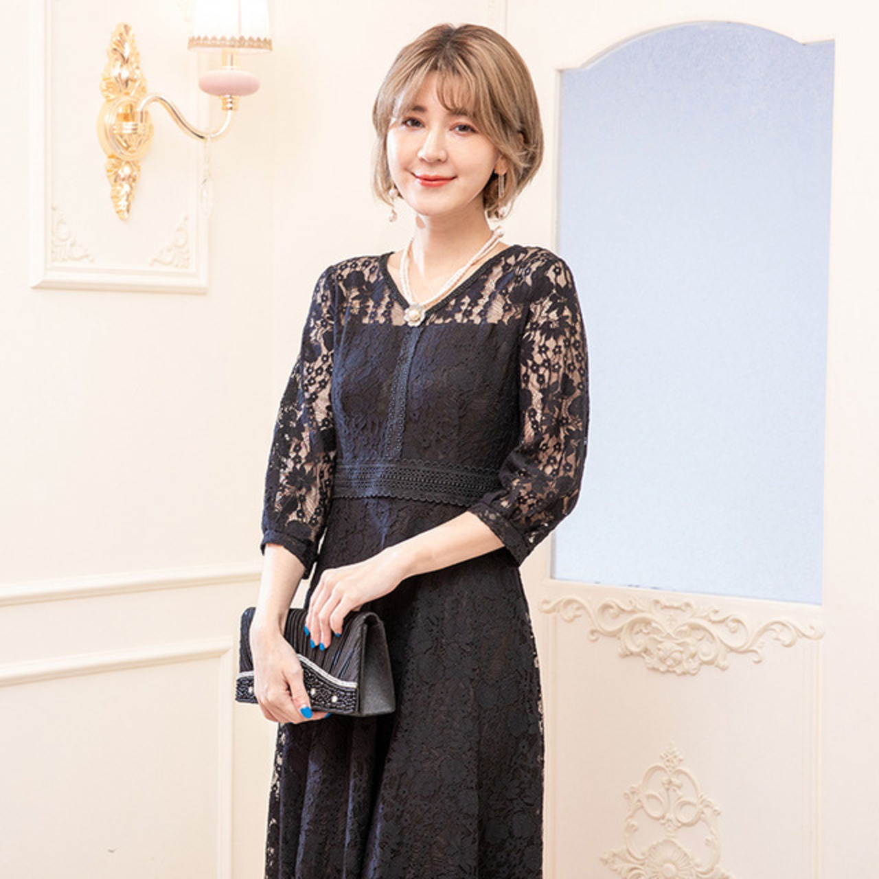 骨格ウェーブ Vネックレースパーティードレス