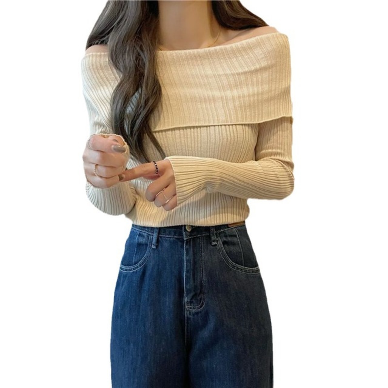 骨格ウェーブ オフショルダーリブTシャツ