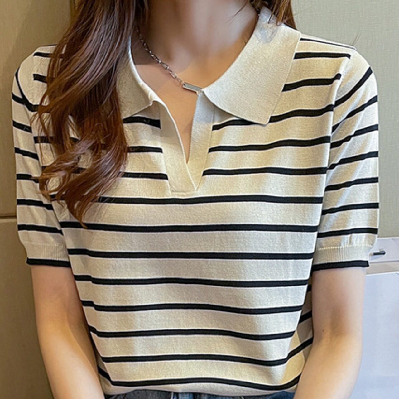 骨格ウェーブ キーネックボーダーTシャツ
