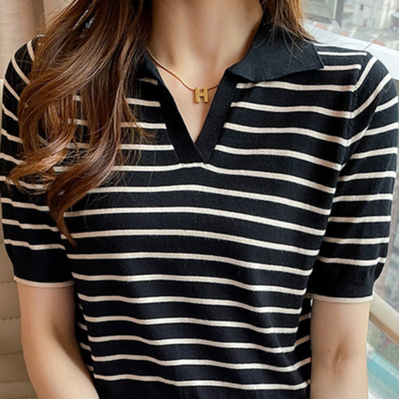 骨格ウェーブ キーネックボーダーTシャツ
