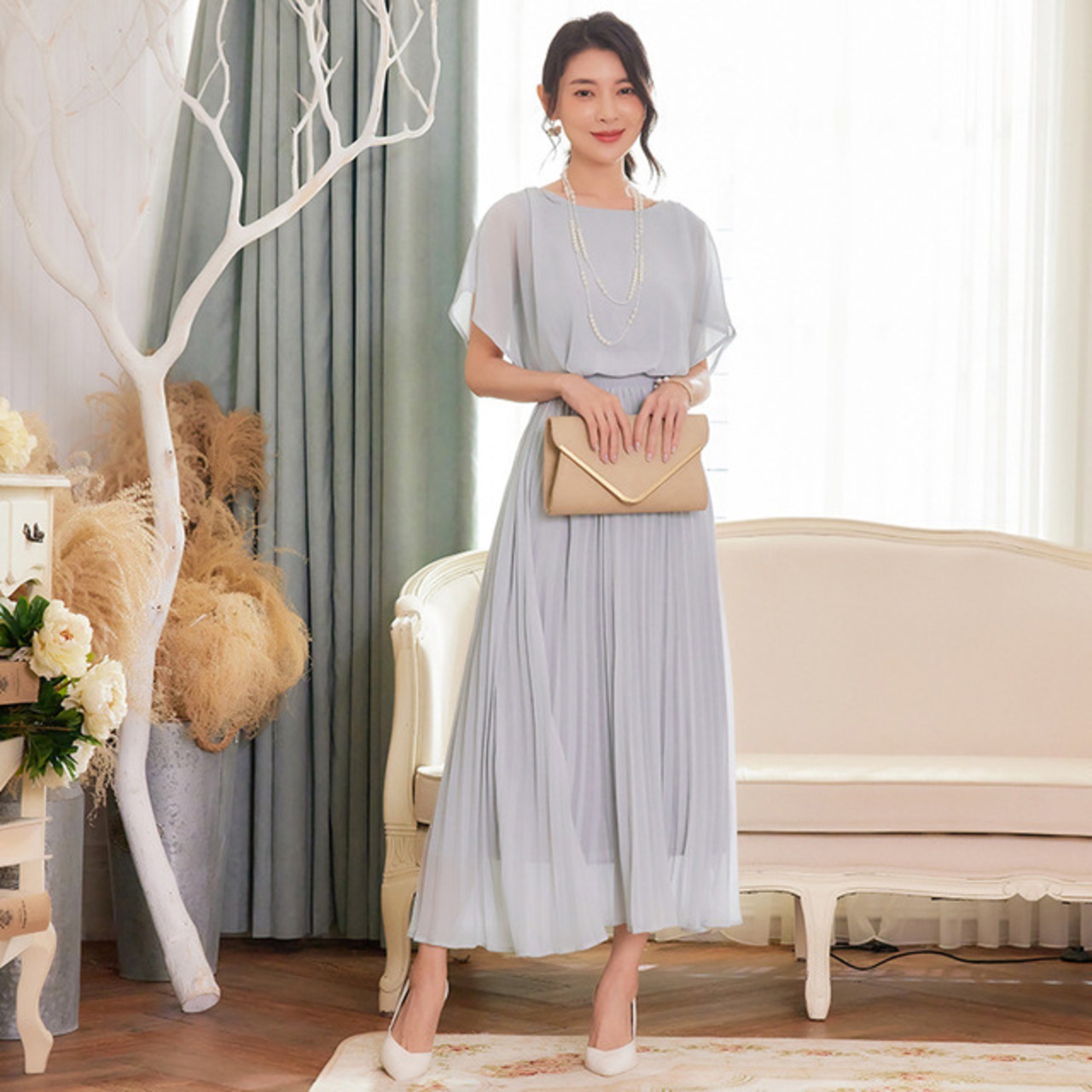 骨格ウェーブ シアーロングフレアパーティードレス