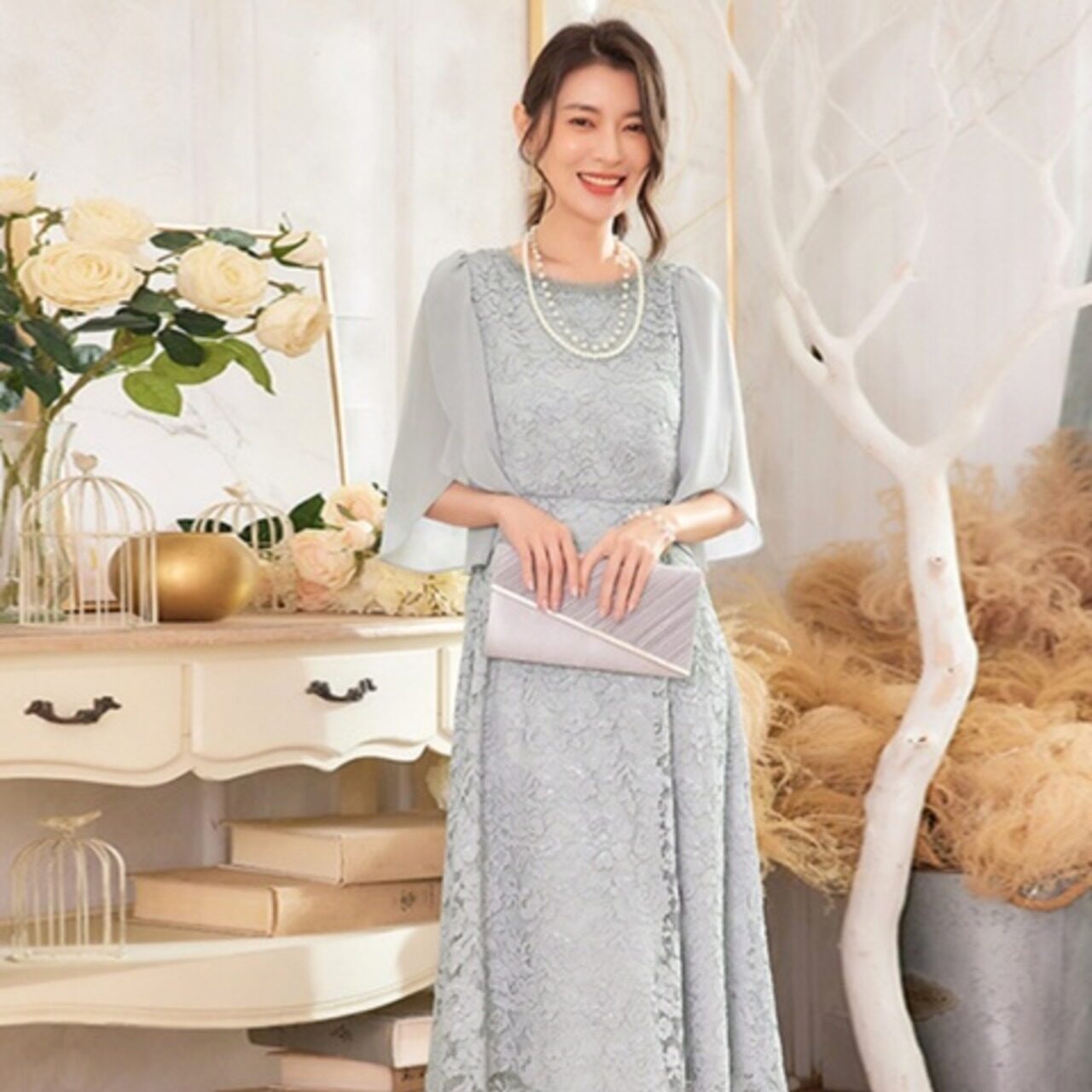 骨格ウェーブ シアー袖パーティードレス