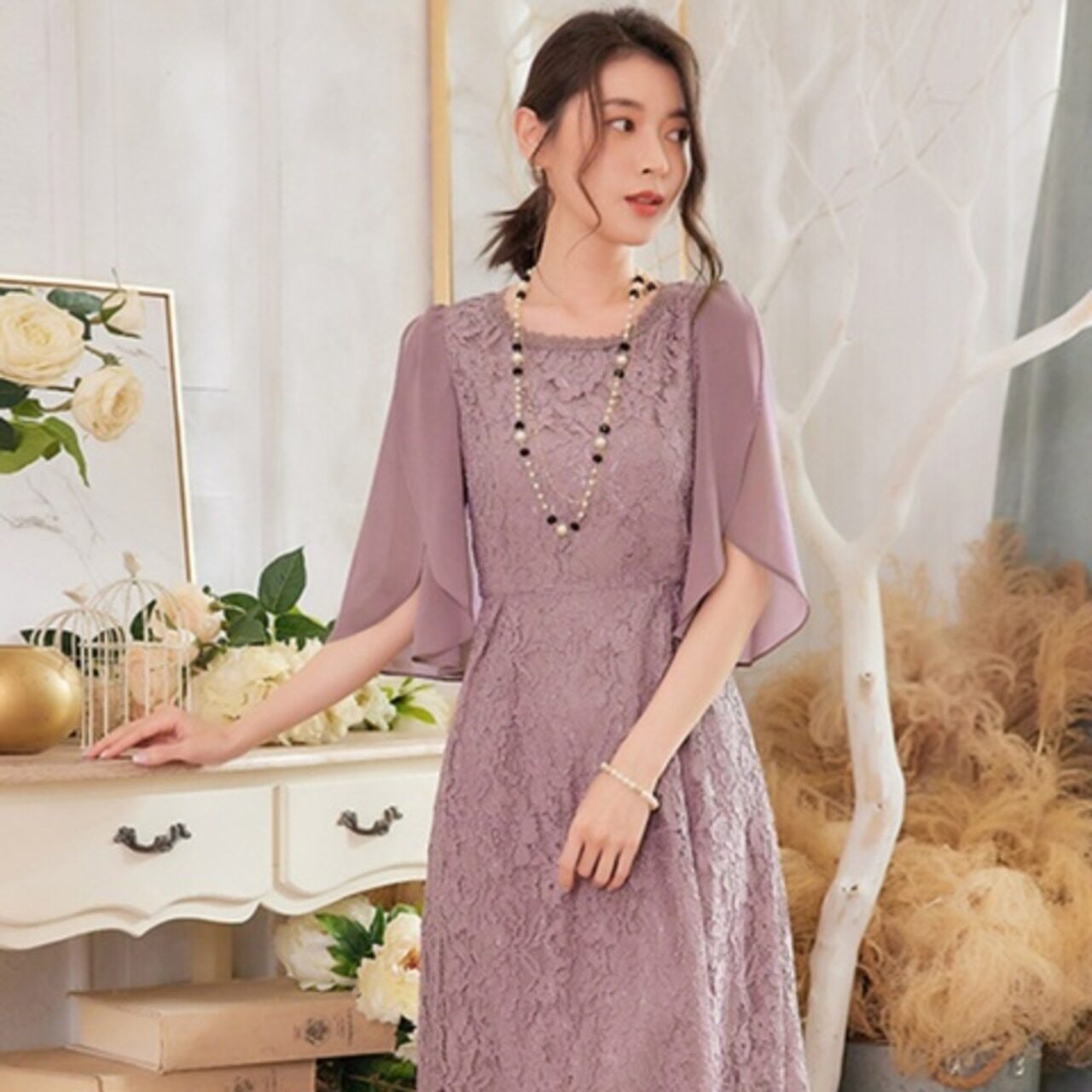 骨格ウェーブ シアー袖パーティードレス