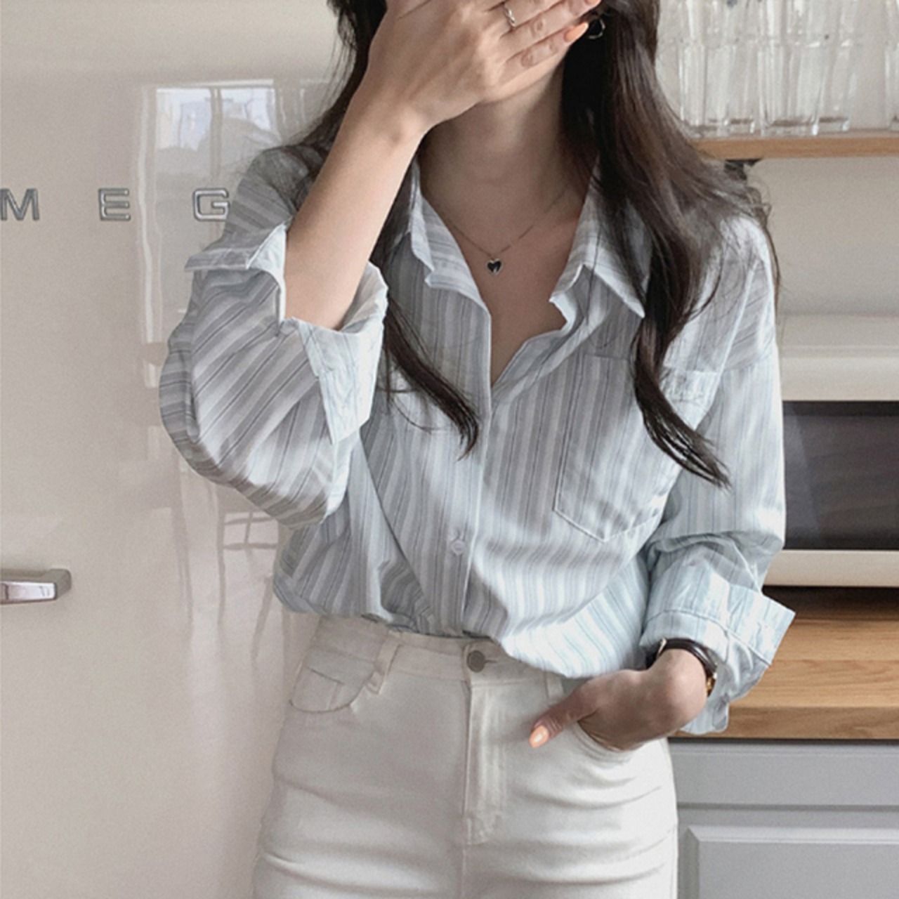 骨格ウェーブ ストライプ長袖シャツ