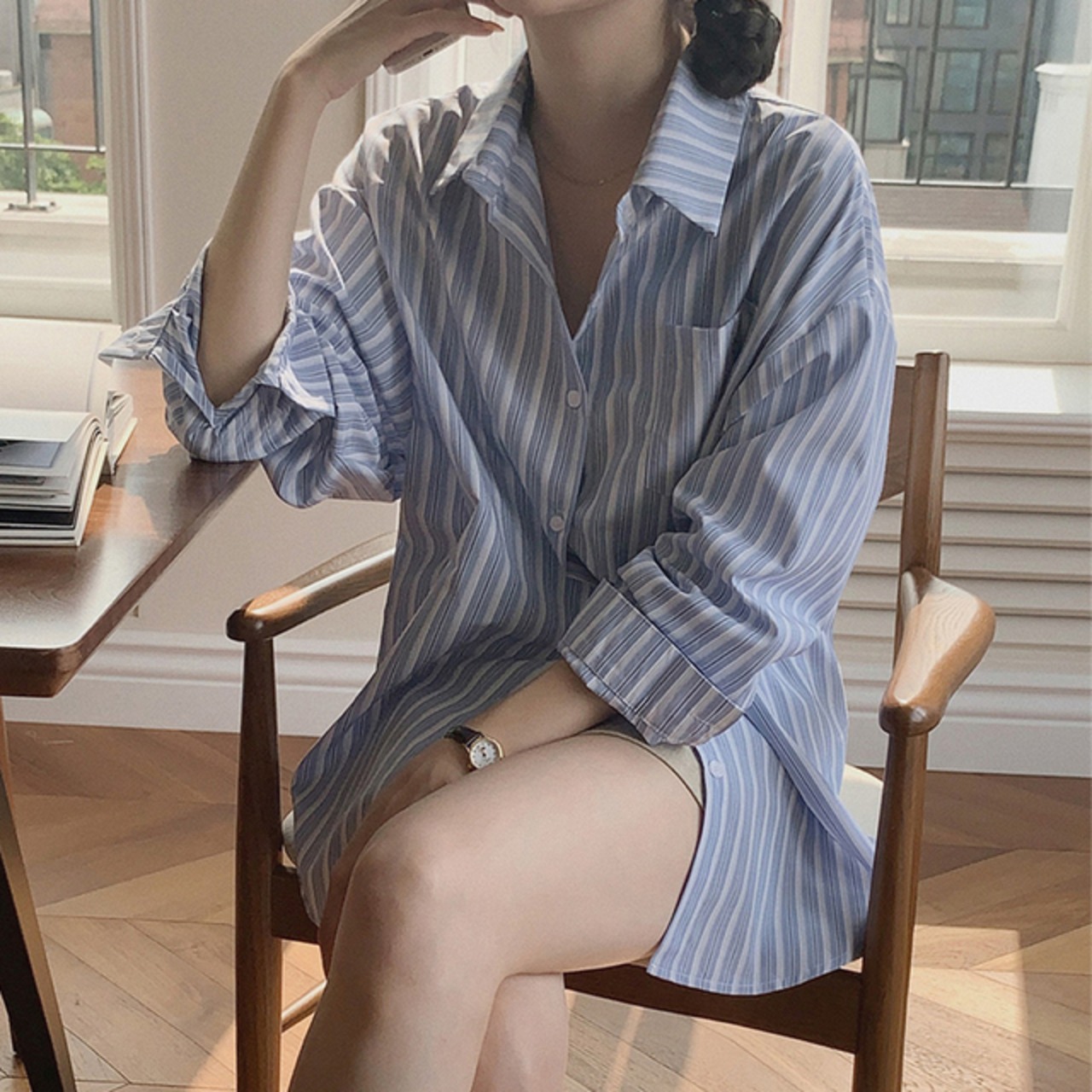 骨格ウェーブ ストライプ長袖シャツ