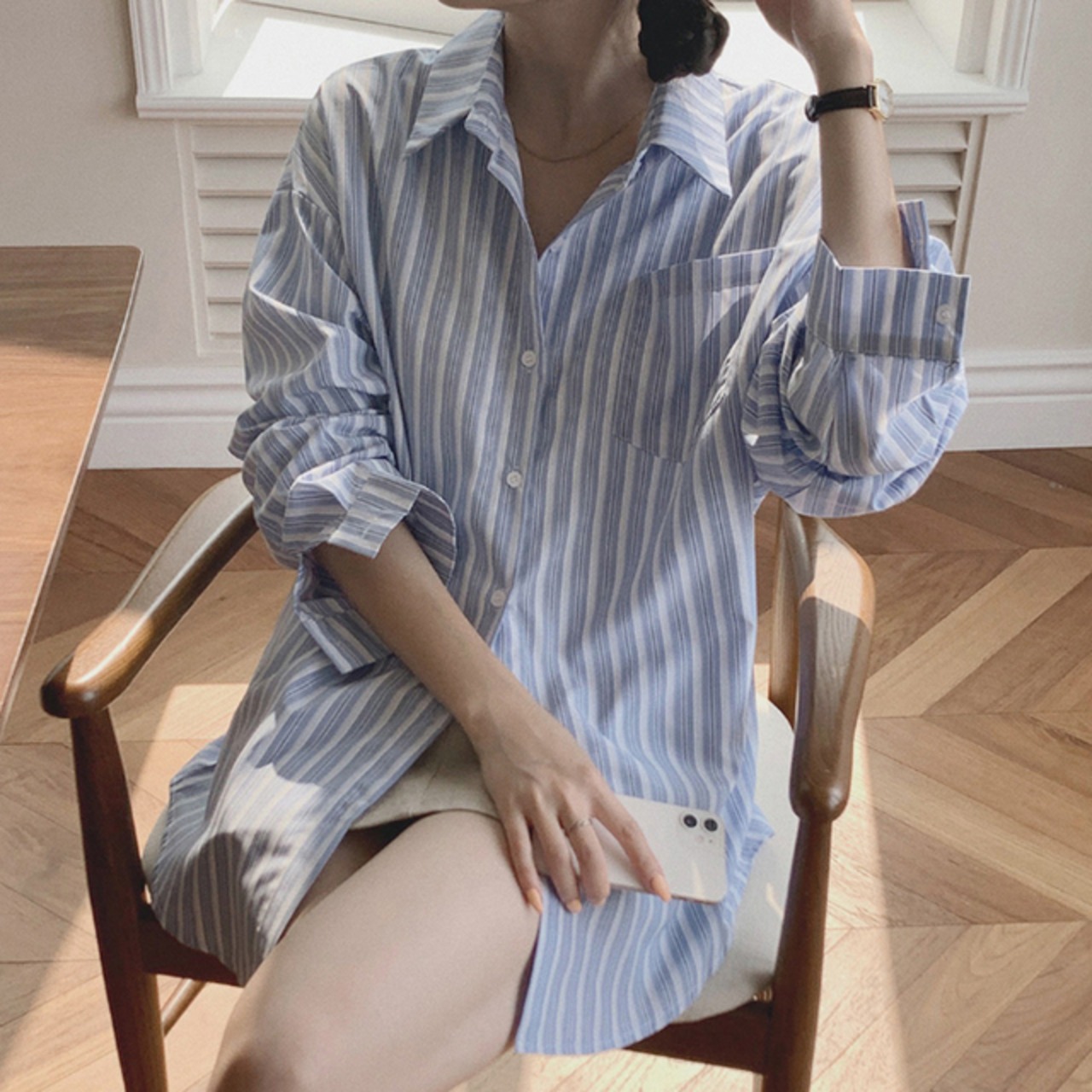 骨格ウェーブ ストライプ長袖シャツ