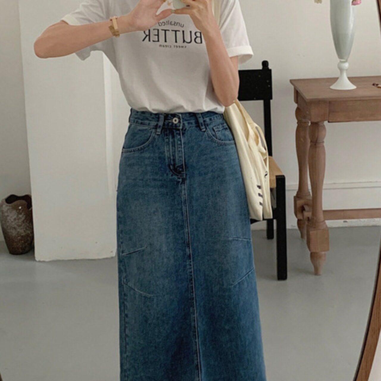 骨格ウェーブ ストレートデニムスカート