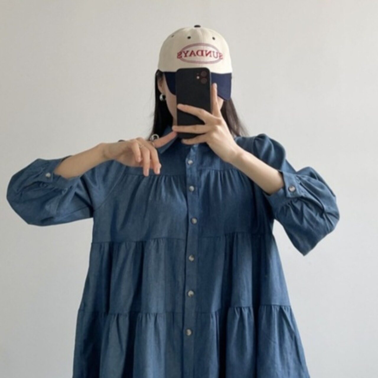 骨格ウェーブ ダンガリーAラインティアードミニシャツワンピース