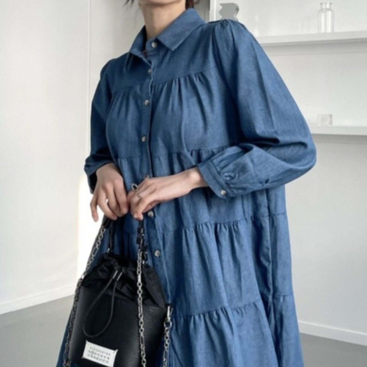 骨格ウェーブ ダンガリーAラインティアードミニシャツワンピース