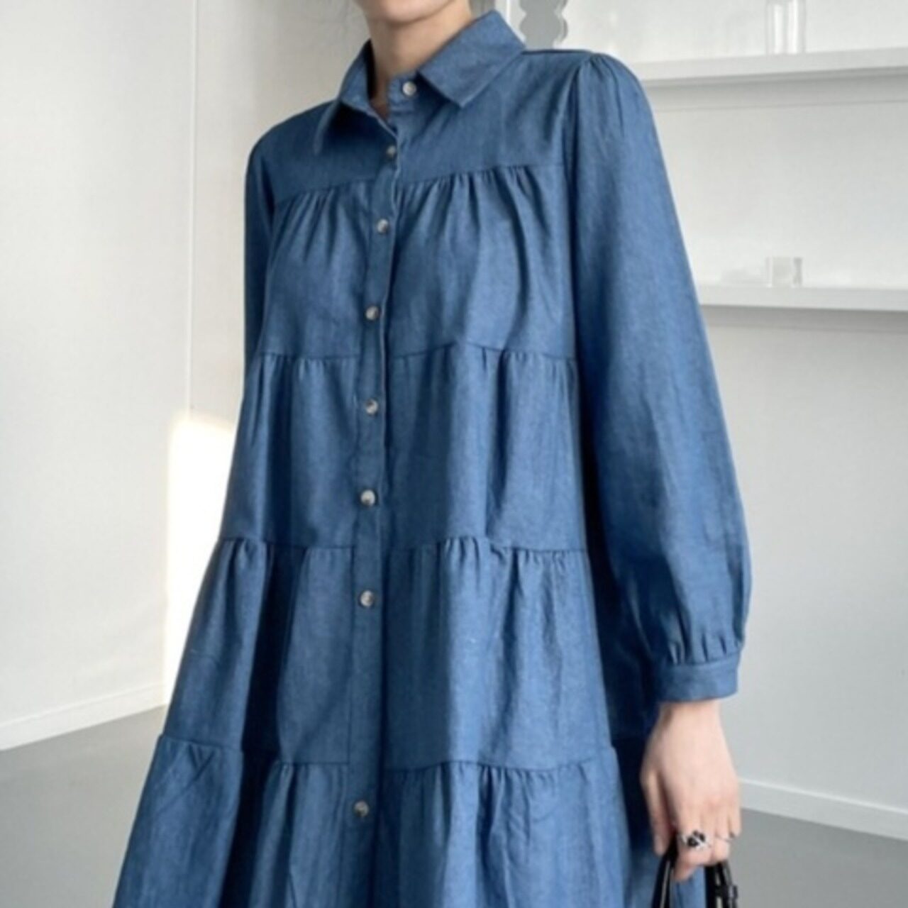 骨格ウェーブ ダンガリーAラインティアードミニシャツワンピース