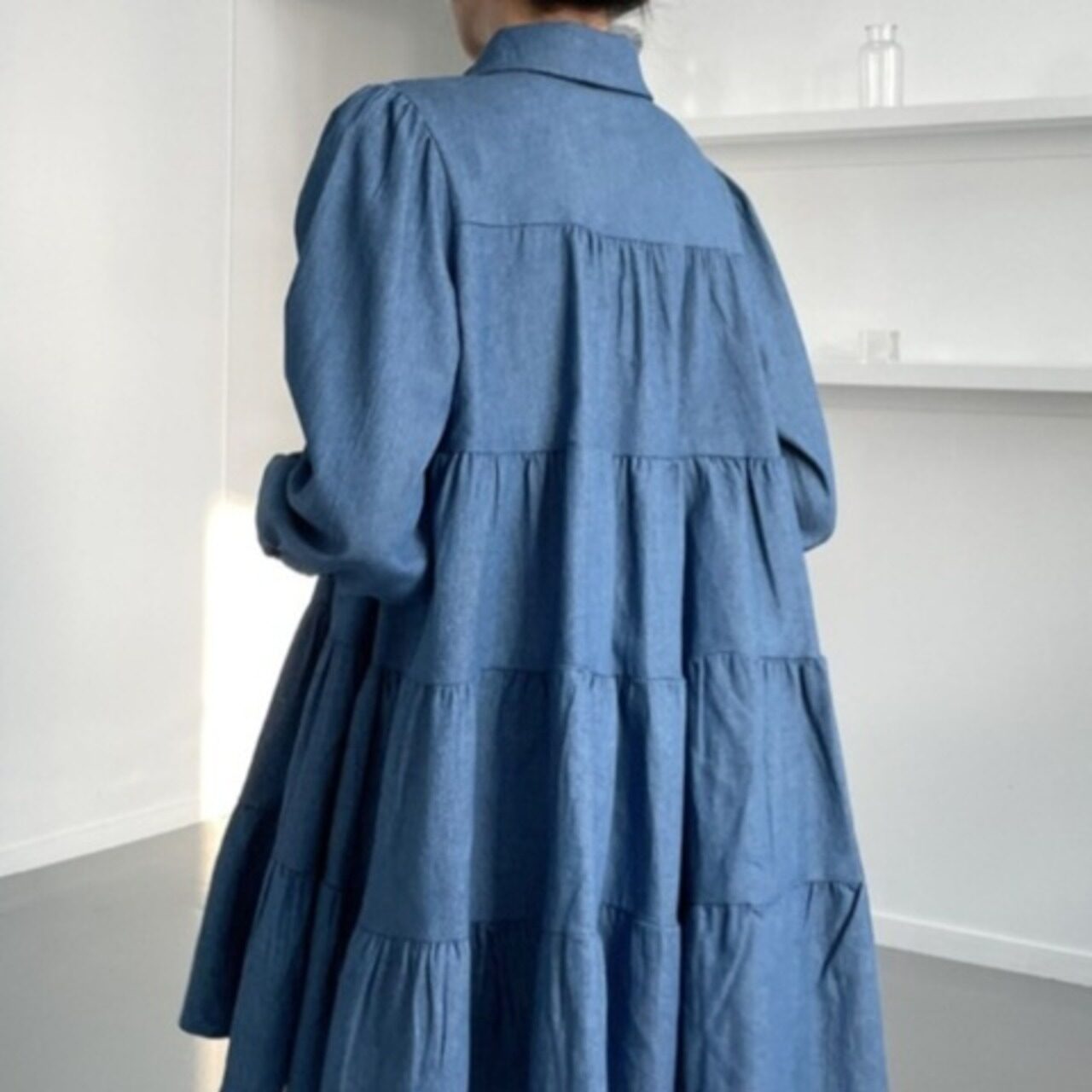 骨格ウェーブ ダンガリーAラインティアードミニシャツワンピース