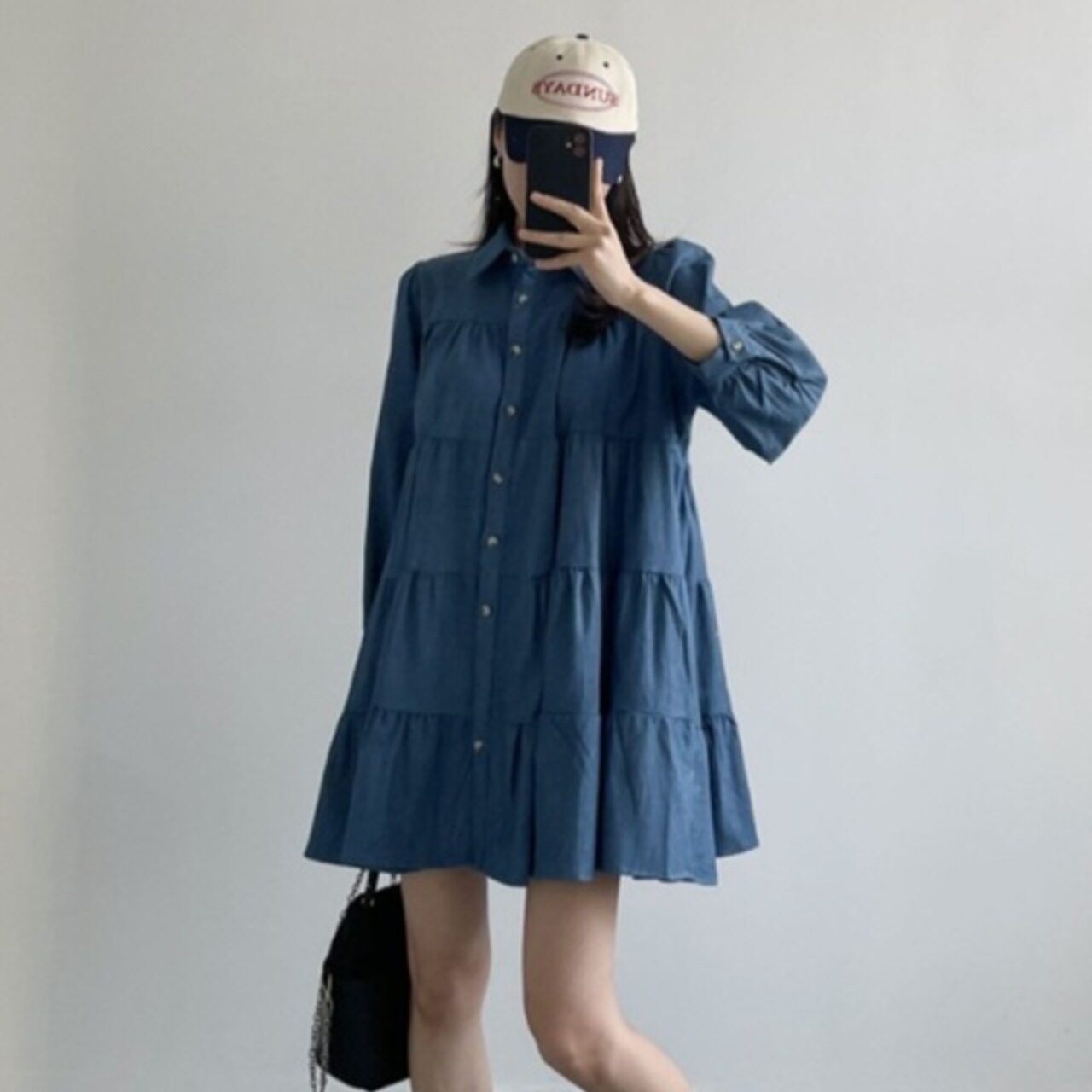 骨格ウェーブ ダンガリーAラインティアードミニシャツワンピース