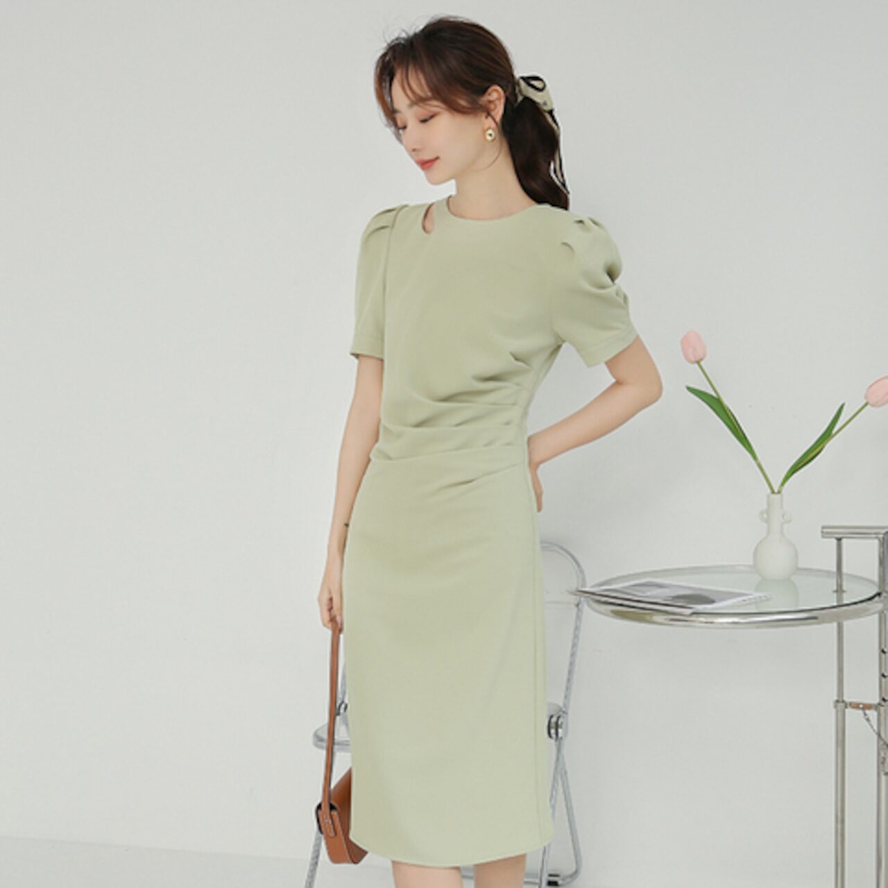 骨格ウェーブ タックロングタイトワンピース