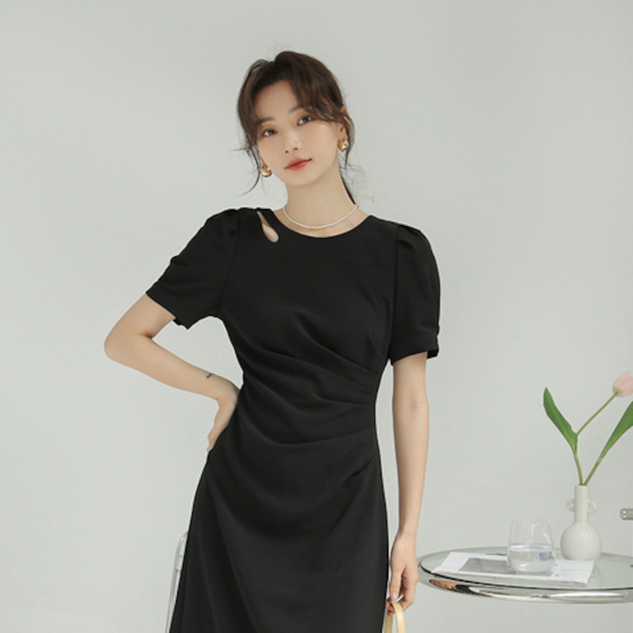 骨格ウェーブ タックロングタイトワンピース