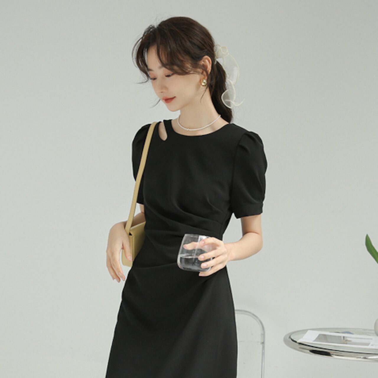 骨格ウェーブ タックロングタイトワンピース