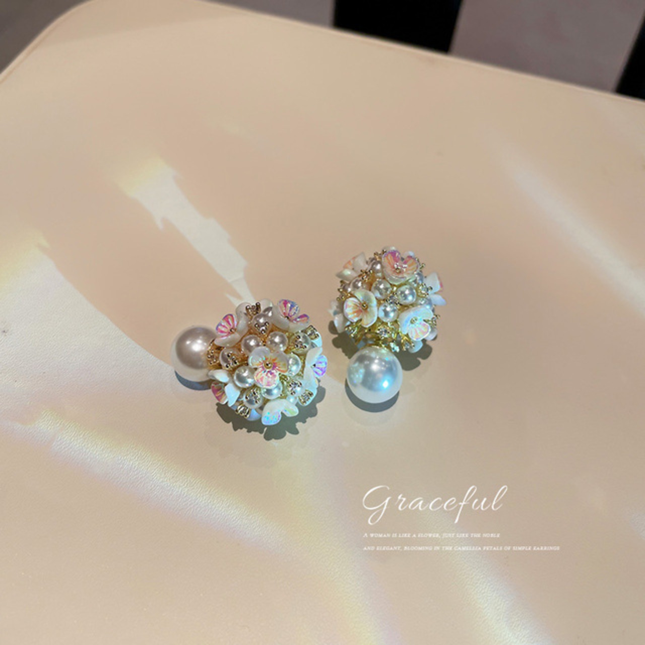 骨格ウェーブ ツーピースパール＆フラワーピアス