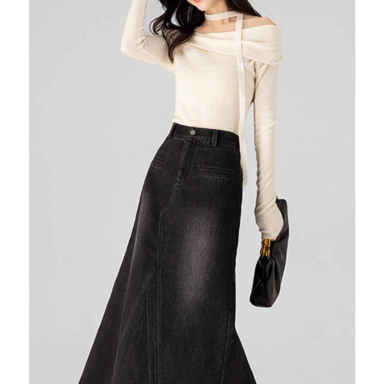 骨格ウェーブ デニムマーメイドロングスカート