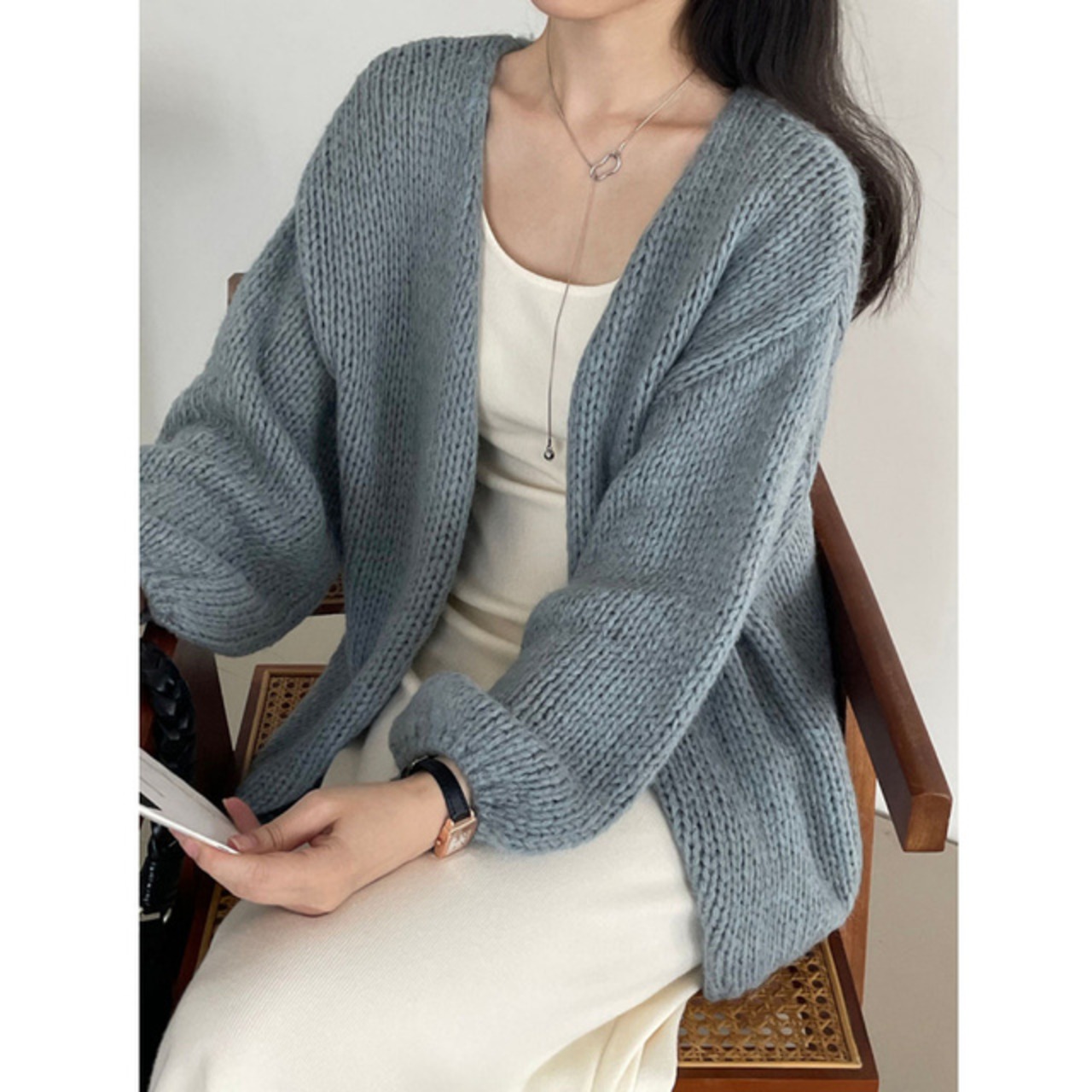 骨格ウェーブ パフスリーブニットカーディガン