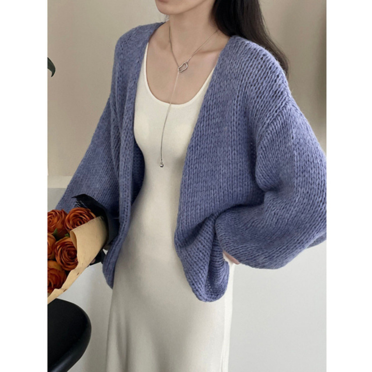 骨格ウェーブ パフスリーブニットカーディガン