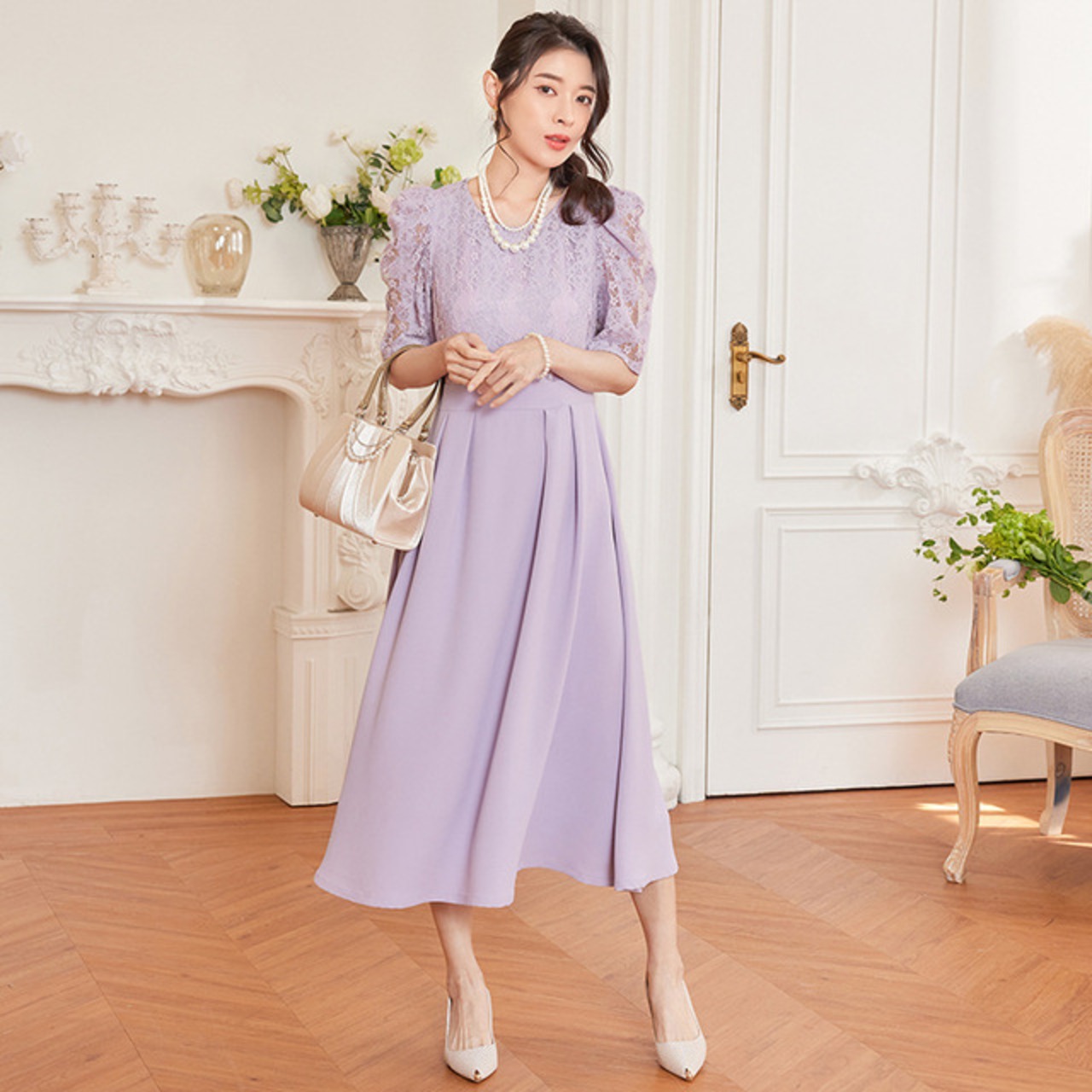 骨格ウェーブ レースパフスリーブロングパーティードレス