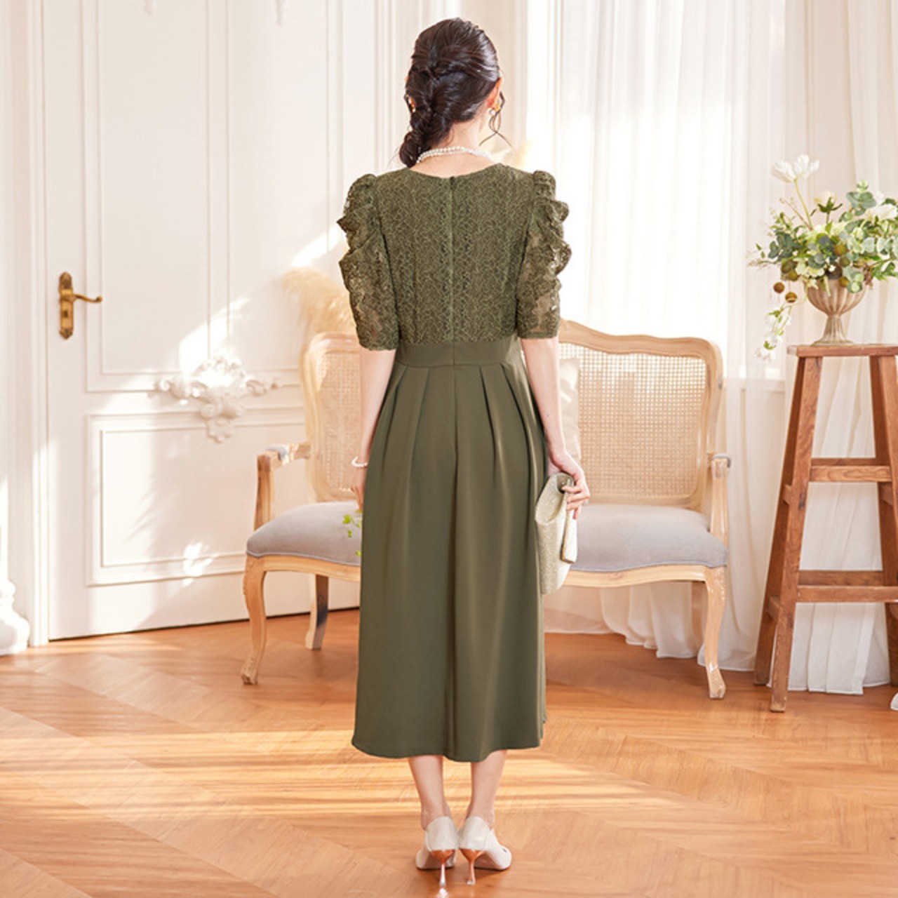 骨格ウェーブ レースパフスリーブロングパーティードレス