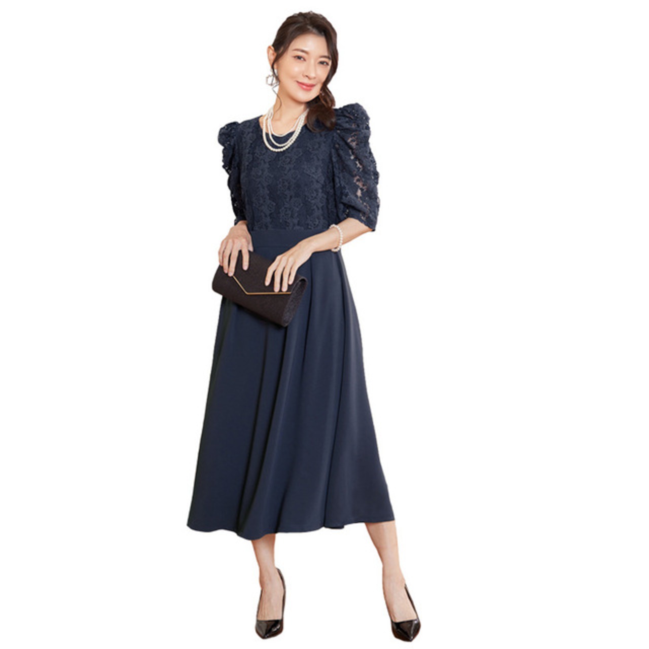 骨格ウェーブ レースパフスリーブロングパーティードレス