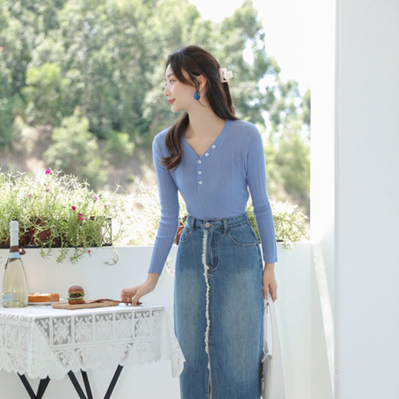 骨格ウェーブ ハイウエスト 異素材デニムスカート