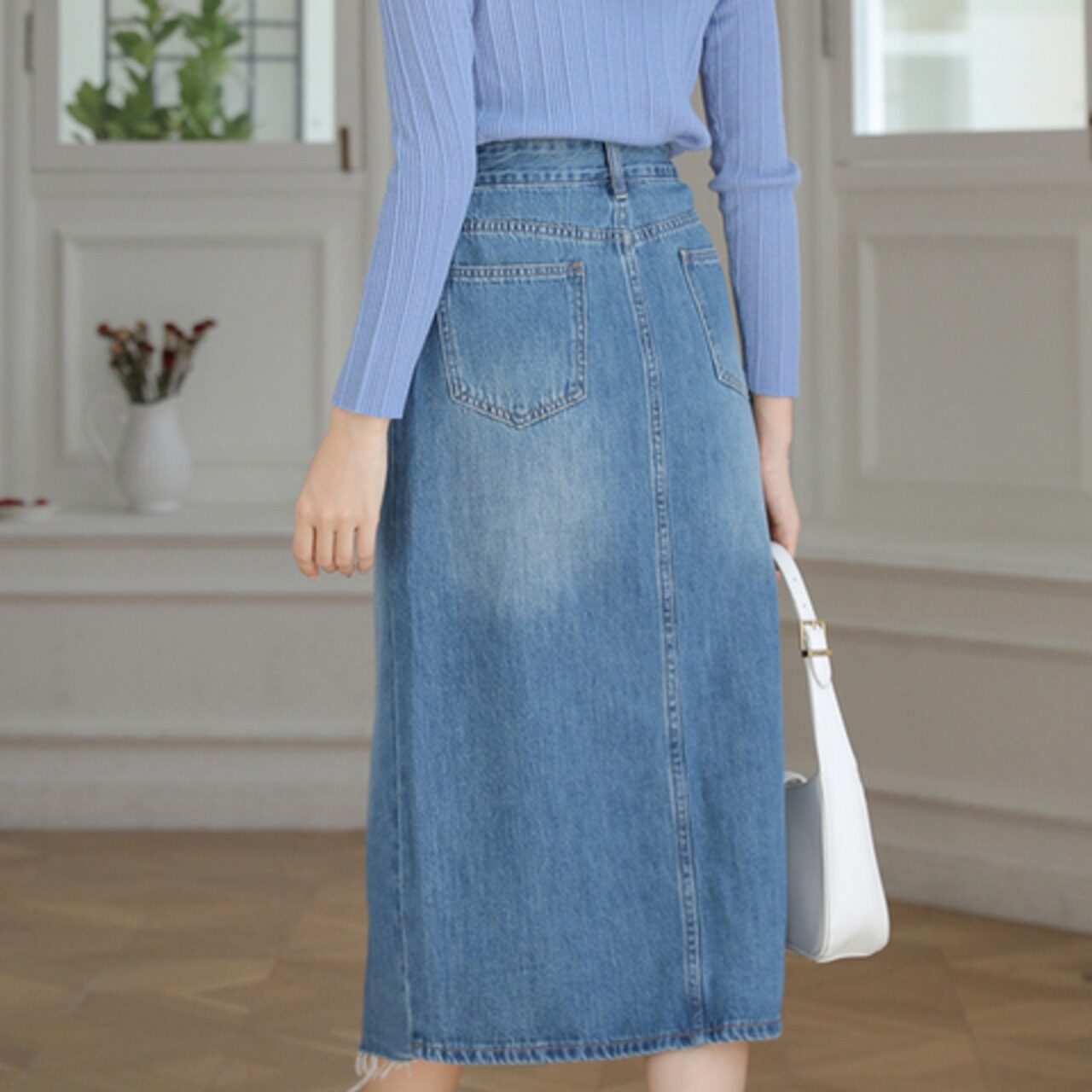 骨格ウェーブ ハイウエスト 異素材デニムスカート