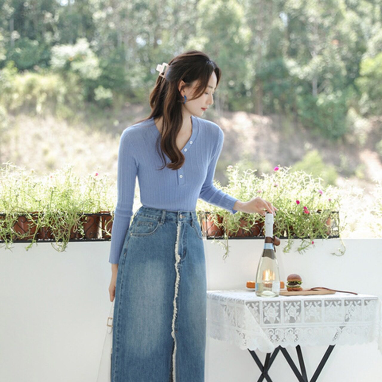 骨格ウェーブ ハイウエスト 異素材デニムスカート