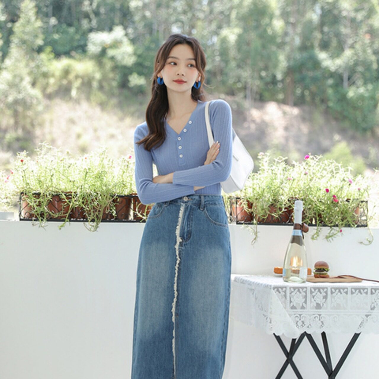 骨格ウェーブ ハイウエスト 異素材デニムスカート