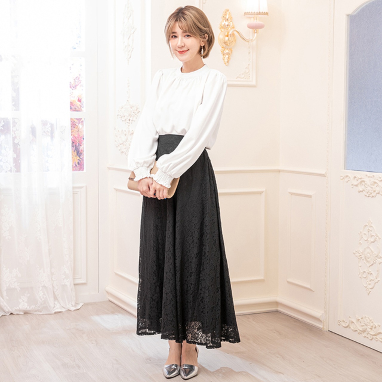 骨格ウェーブ ハイウエストスカートパーティードレス