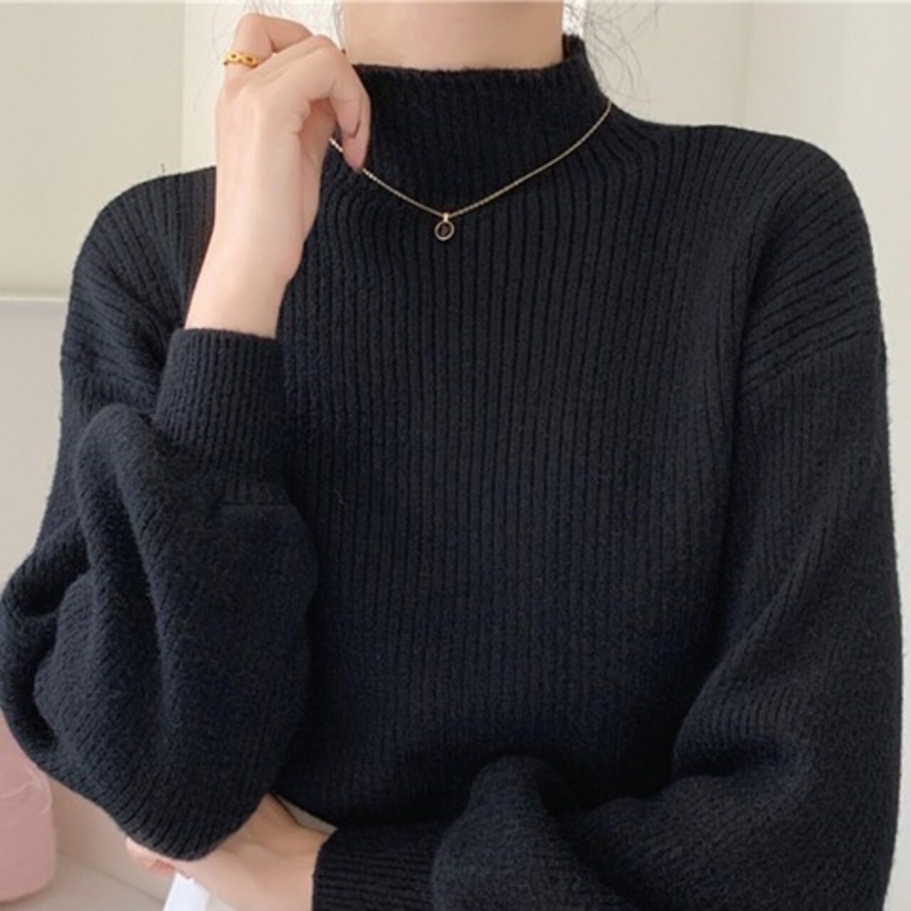 骨格ウェーブ ハイネックニットトップス