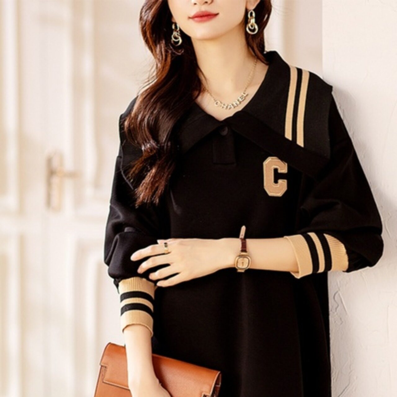 骨格ウェーブ ビッグカラー カジュアルミニワンピース