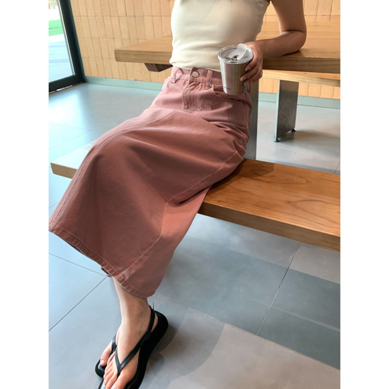 骨格ウェーブ ピンクデニムスカート