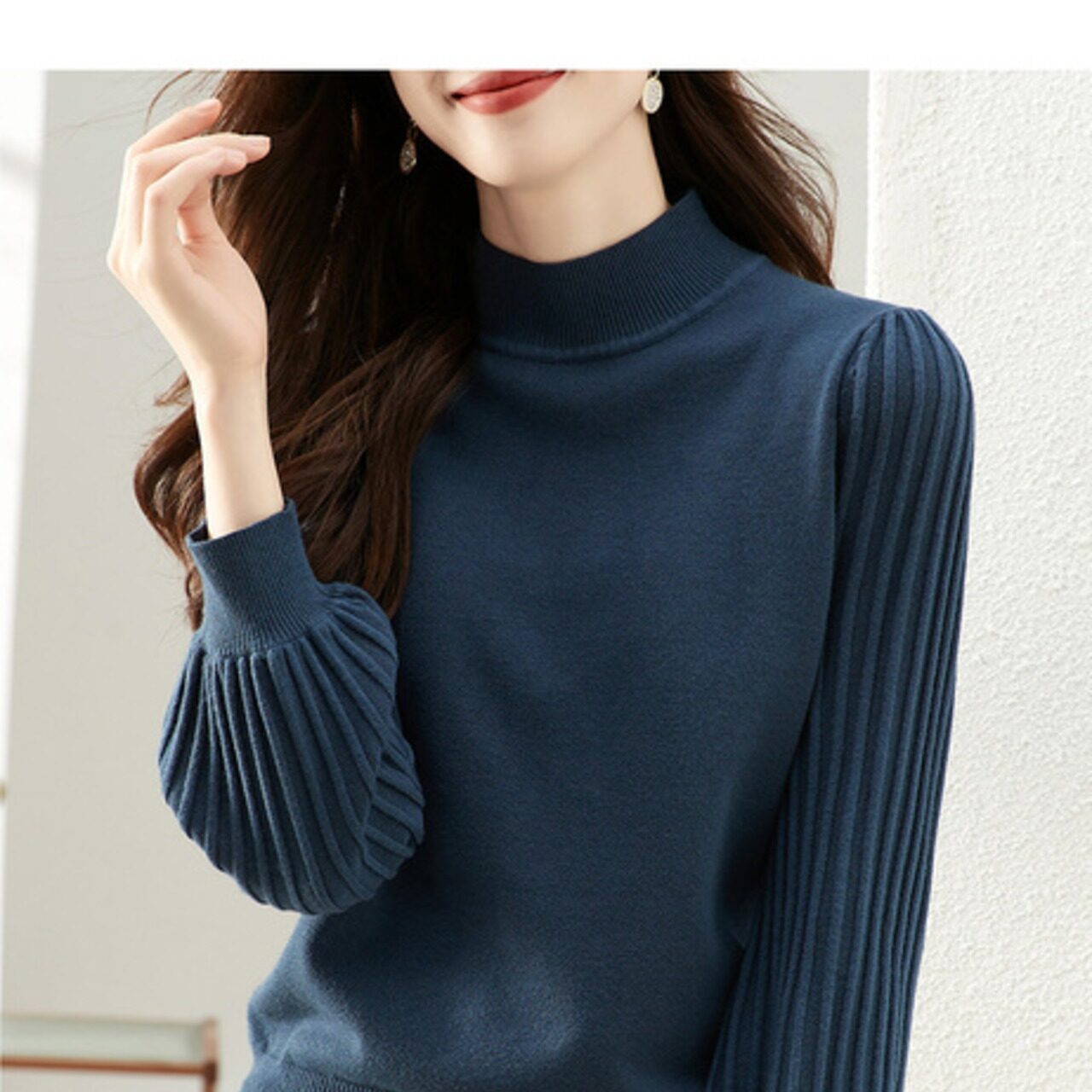 骨格ウェーブ プチハイネック プリーツパフスリーブニットトップス