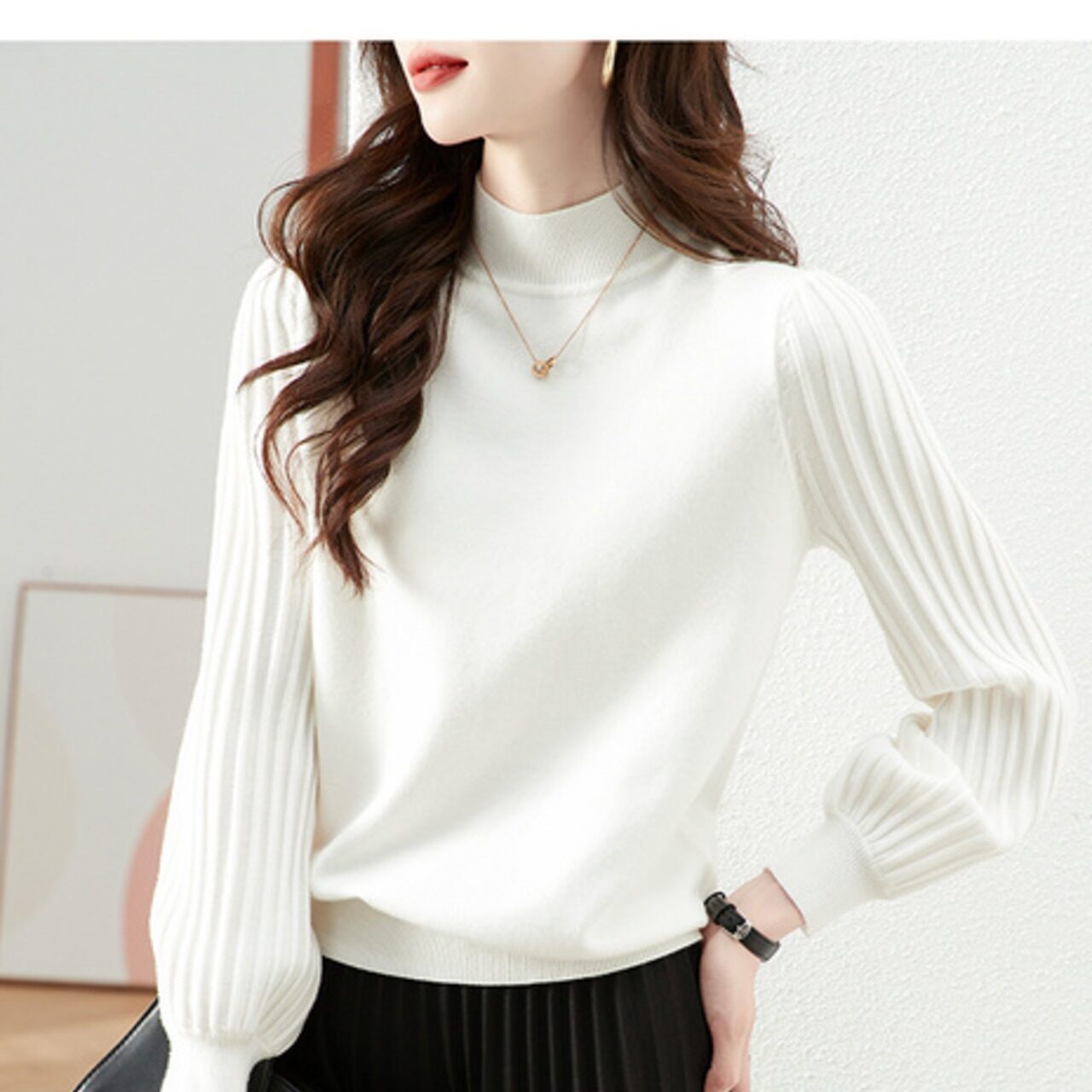 骨格ウェーブ プチハイネック プリーツパフスリーブニットトップス